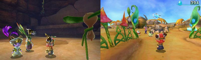 The game’s two major phases are dungeon hacking (L) and oasis-building (R).